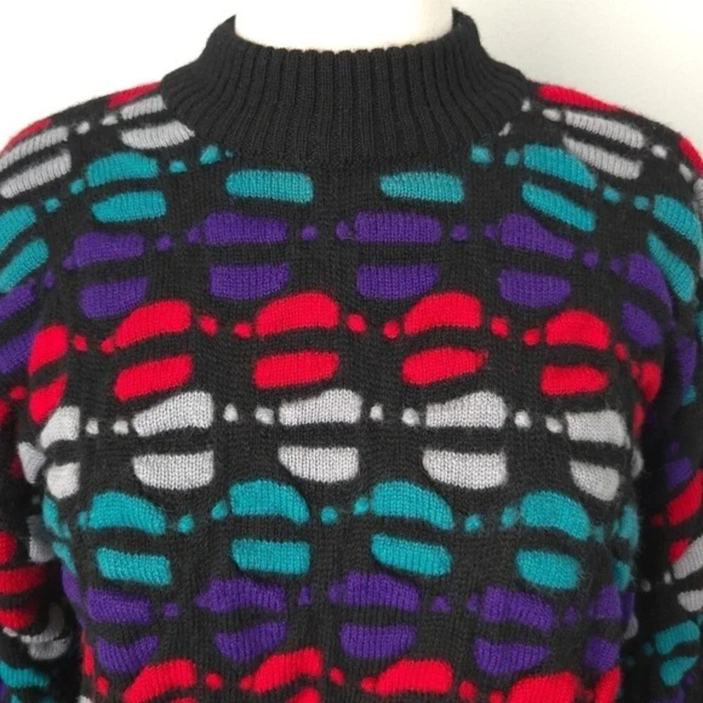 Ossi Skiwear Vintage 80s Black Red Purple Mock-Neck Chunky Wool Sweater- Men's L